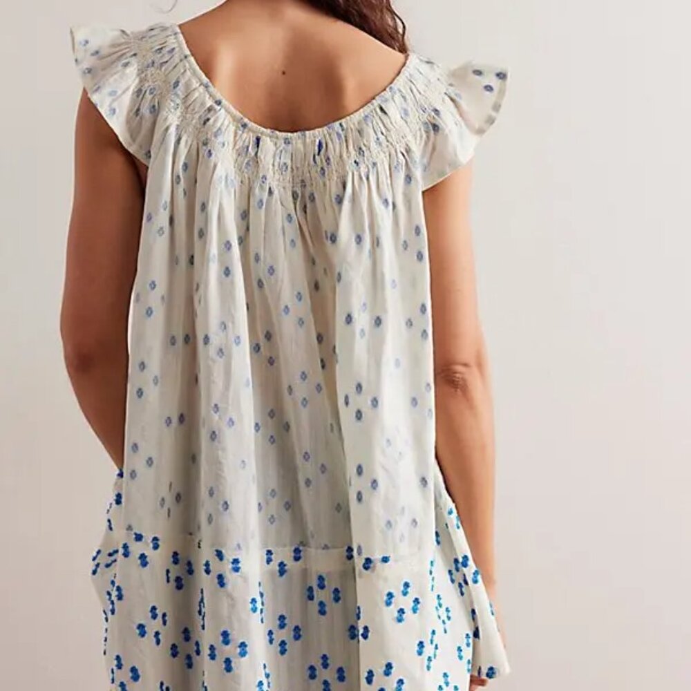 Free People We The Free Jules Flowy Cotton Tunic Top Flutter Sleeve Ivory Blue S - Picture 8 of 8